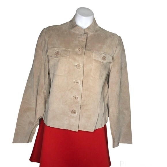 WORTHINGTON Beige Suede Jacket Button Up Nehru Collar Plus Size XL NEW - Picture 1 of 8